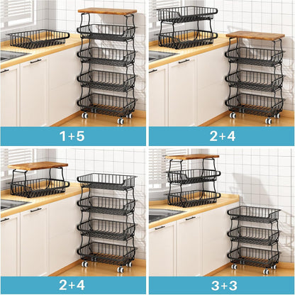 4 Tier Vegetable Fruit Basket for Kitchen, Stackable Metal Fruit and Vegetable Storage Baskets with Rolling Wheels Cart, Fruteros Para Cocina Potato and Onion Bin Pantry Kitchen Island Cart Counter