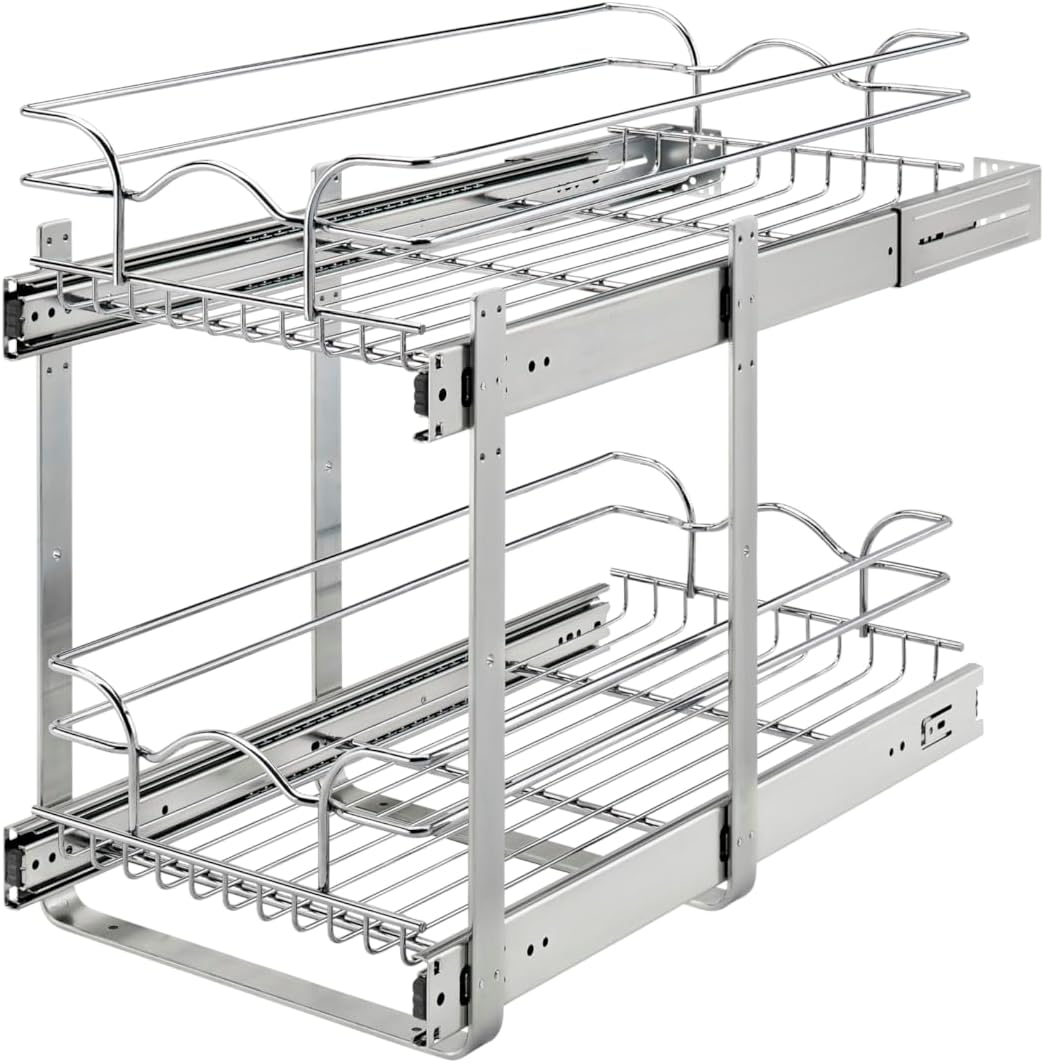 Pullout Organizer for Cabinets, Min Opening Width of 11.5" | Two-Tier Steel Shelf for Kitchen or Vanity Cabinet Organization, Heavy Gauge Wire Slide Out Storage Basket, 5WB2-1222CR-1