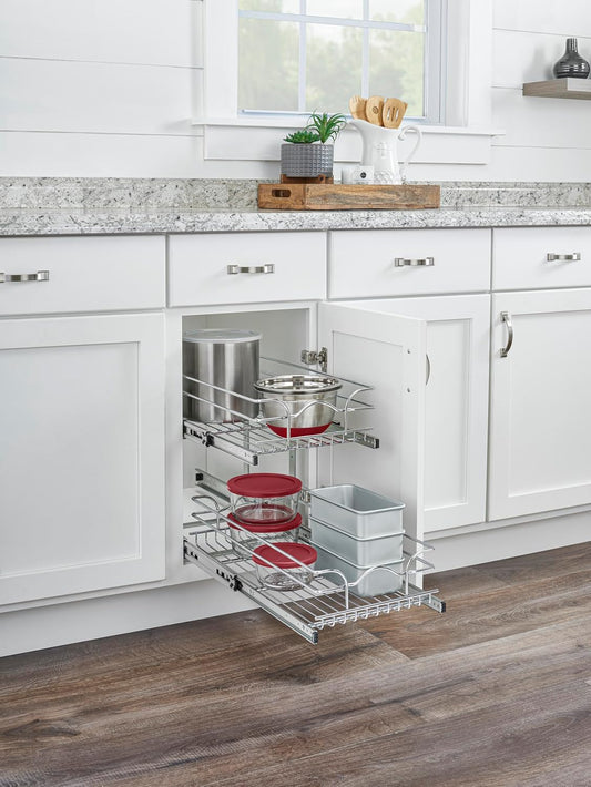 Pullout Organizer for Cabinets, Min Opening Width of 11.5" | Two-Tier Steel Shelf for Kitchen or Vanity Cabinet Organization, Heavy Gauge Wire Slide Out Storage Basket, 5WB2-1222CR-1