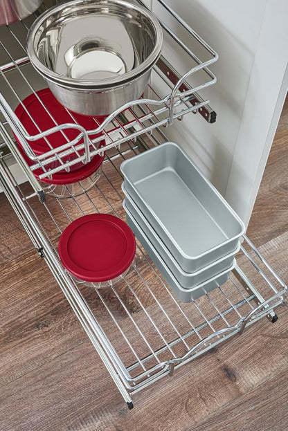 Pullout Organizer for Cabinets, Min Opening Width of 11.5" | Two-Tier Steel Shelf for Kitchen or Vanity Cabinet Organization, Heavy Gauge Wire Slide Out Storage Basket, 5WB2-1222CR-1