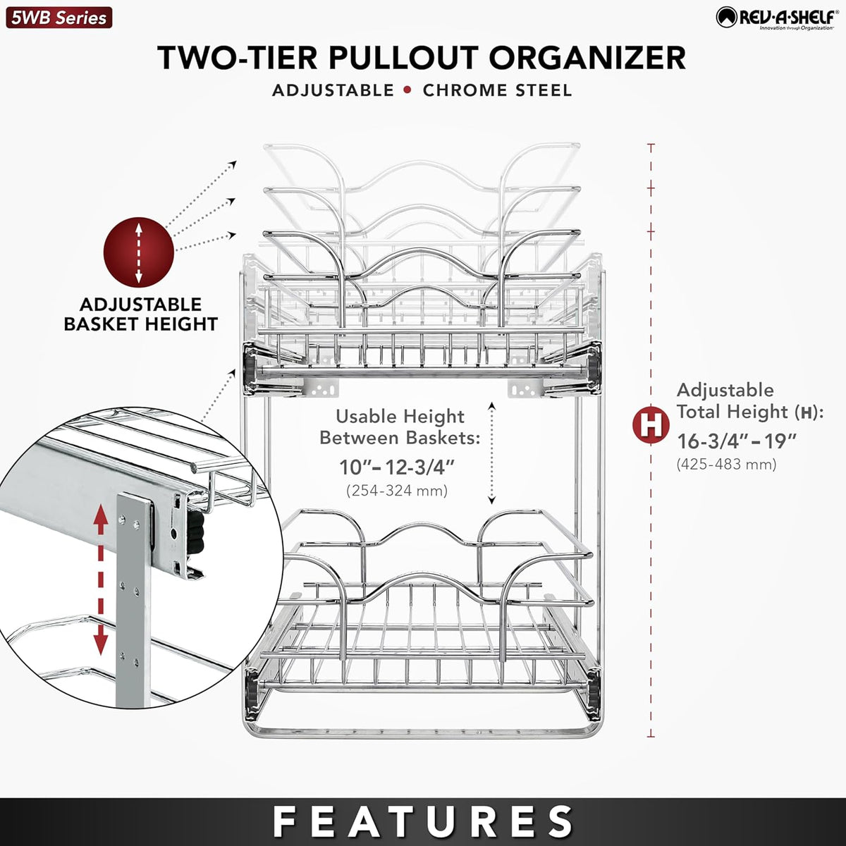Pullout Organizer for Cabinets, Min Opening Width of 11.5" | Two-Tier Steel Shelf for Kitchen or Vanity Cabinet Organization, Heavy Gauge Wire Slide Out Storage Basket, 5WB2-1222CR-1