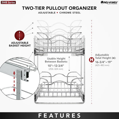 Pullout Organizer for Cabinets, Min Opening Width of 11.5" | Two-Tier Steel Shelf for Kitchen or Vanity Cabinet Organization, Heavy Gauge Wire Slide Out Storage Basket, 5WB2-1222CR-1
