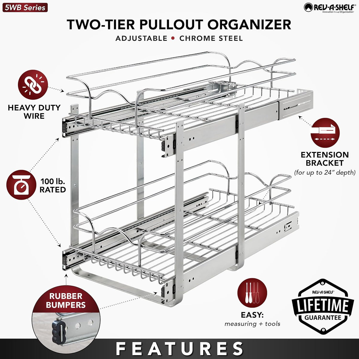 Pullout Organizer for Cabinets, Min Opening Width of 11.5" | Two-Tier Steel Shelf for Kitchen or Vanity Cabinet Organization, Heavy Gauge Wire Slide Out Storage Basket, 5WB2-1222CR-1