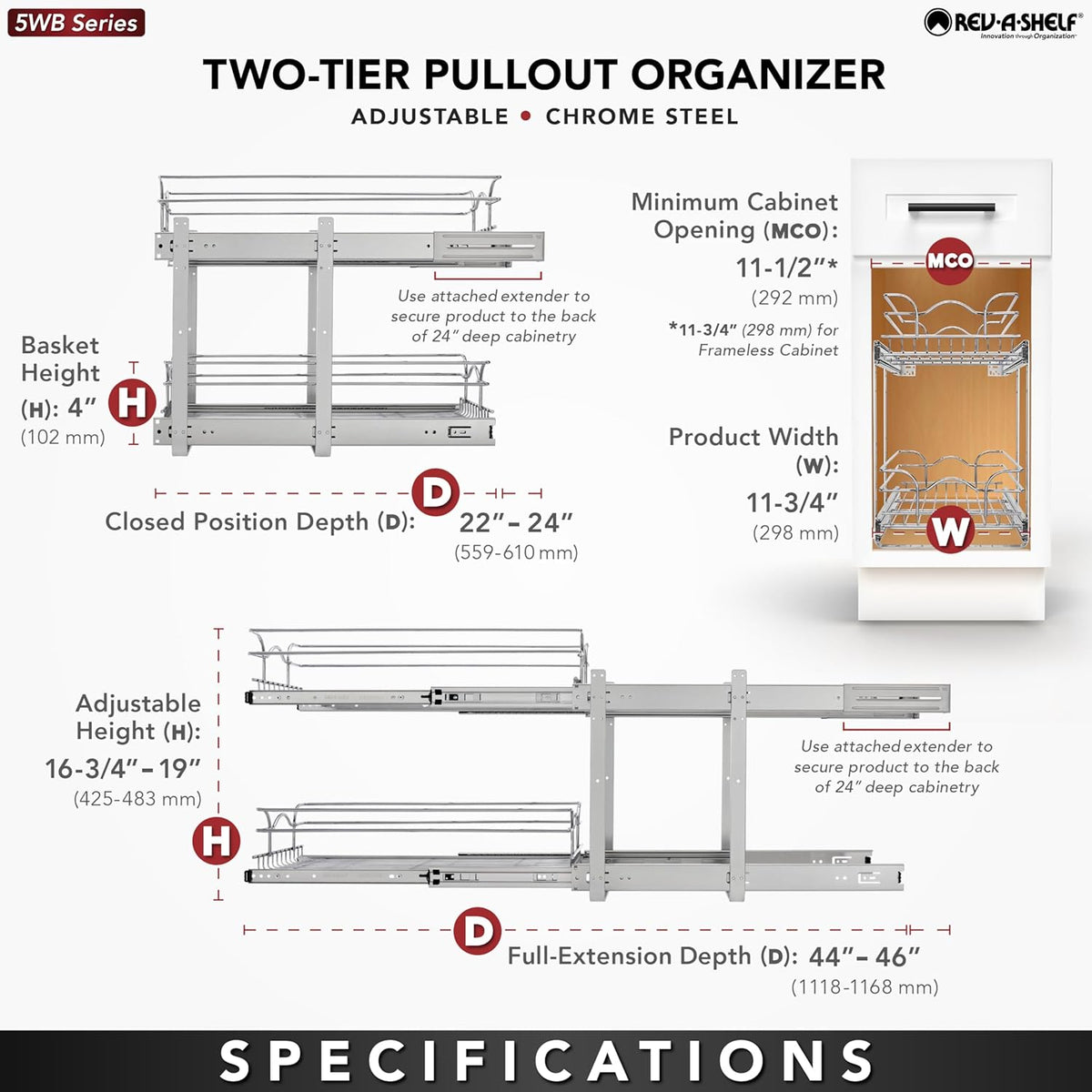 Pullout Organizer for Cabinets, Min Opening Width of 11.5" | Two-Tier Steel Shelf for Kitchen or Vanity Cabinet Organization, Heavy Gauge Wire Slide Out Storage Basket, 5WB2-1222CR-1