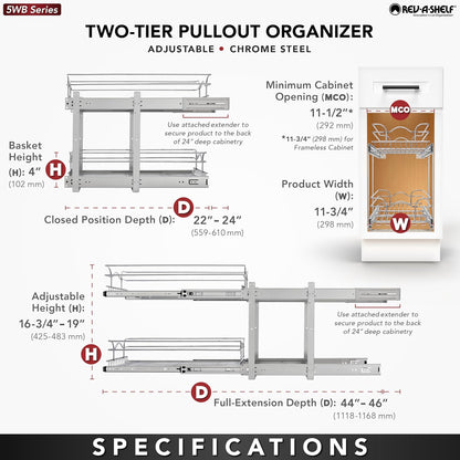 Pullout Organizer for Cabinets, Min Opening Width of 11.5" | Two-Tier Steel Shelf for Kitchen or Vanity Cabinet Organization, Heavy Gauge Wire Slide Out Storage Basket, 5WB2-1222CR-1