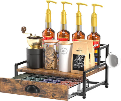 Coffee Syrup Rack Organizer, Syrup Bottle Holder Stand for Coffee Bar, 2-Tier 8 Bottles Storage Shelves for Syrup, Wine, Dressing for Kitchen Countertop, Rustic Brown & Black