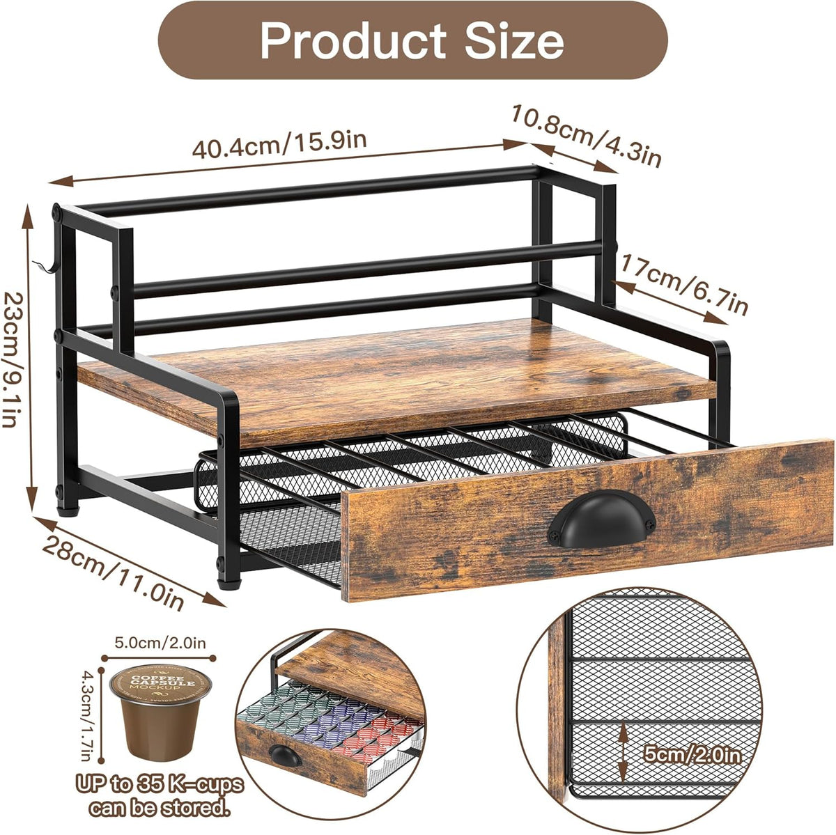 Coffee Syrup Rack Organizer, Syrup Bottle Holder Stand for Coffee Bar, 2-Tier 8 Bottles Storage Shelves for Syrup, Wine, Dressing for Kitchen Countertop, Rustic Brown & Black