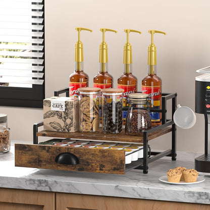 Coffee Syrup Rack Organizer, Syrup Bottle Holder Stand for Coffee Bar, 2-Tier 8 Bottles Storage Shelves for Syrup, Wine, Dressing for Kitchen Countertop, Rustic Brown & Black
