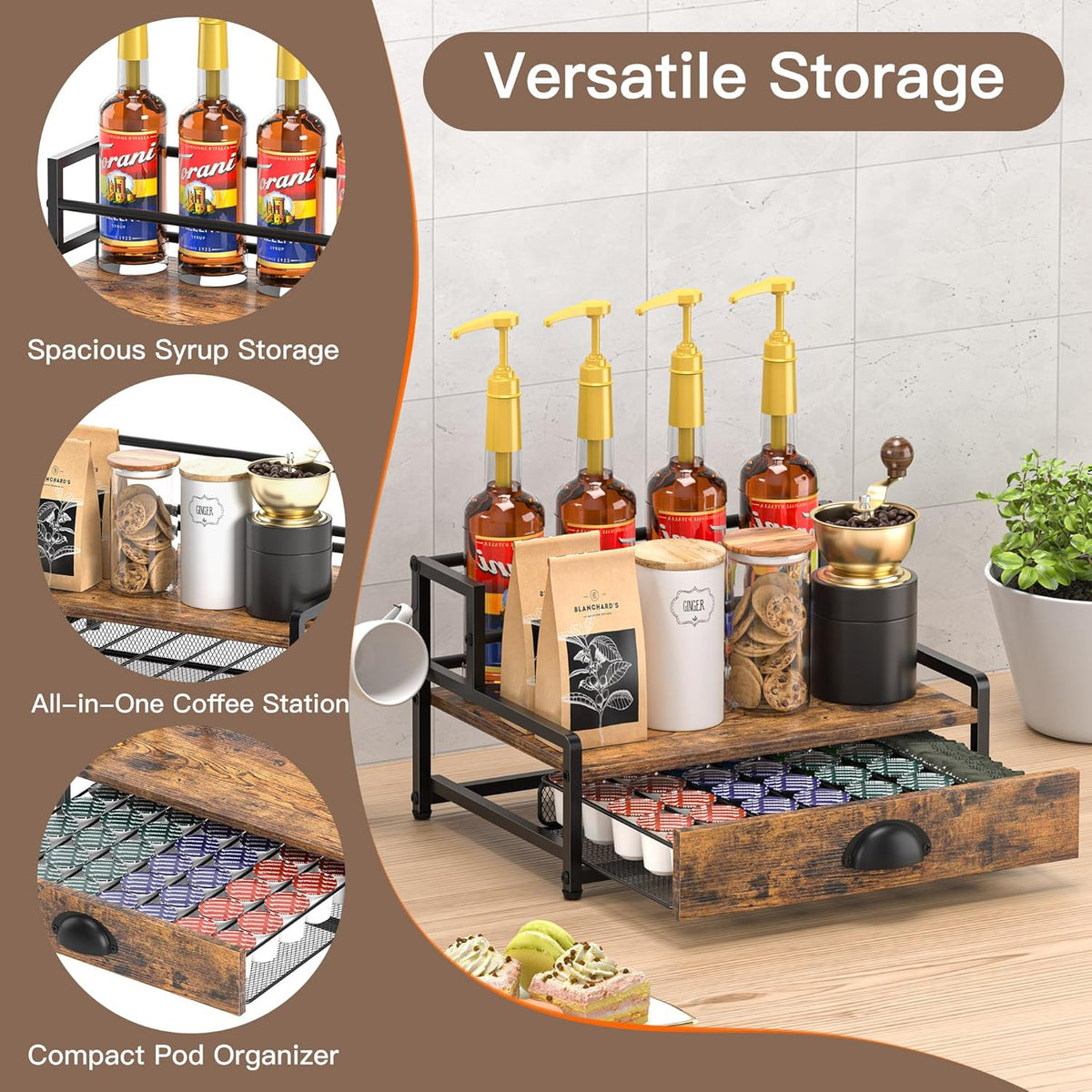 Coffee Syrup Rack Organizer, Syrup Bottle Holder Stand for Coffee Bar, 2-Tier 8 Bottles Storage Shelves for Syrup, Wine, Dressing for Kitchen Countertop, Rustic Brown & Black