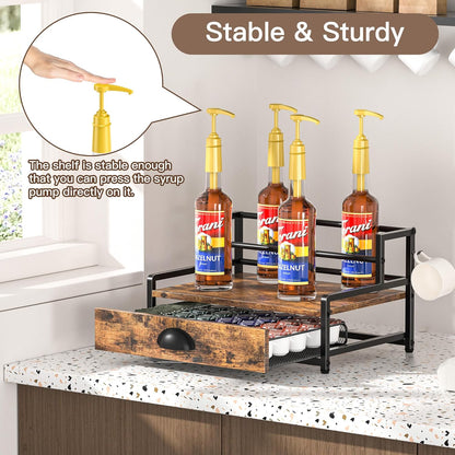 Coffee Syrup Rack Organizer, Syrup Bottle Holder Stand for Coffee Bar, 2-Tier 8 Bottles Storage Shelves for Syrup, Wine, Dressing for Kitchen Countertop, Rustic Brown & Black