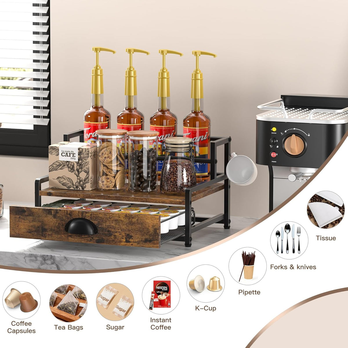 Coffee Syrup Rack Organizer, Syrup Bottle Holder Stand for Coffee Bar, 2-Tier 8 Bottles Storage Shelves for Syrup, Wine, Dressing for Kitchen Countertop, Rustic Brown & Black