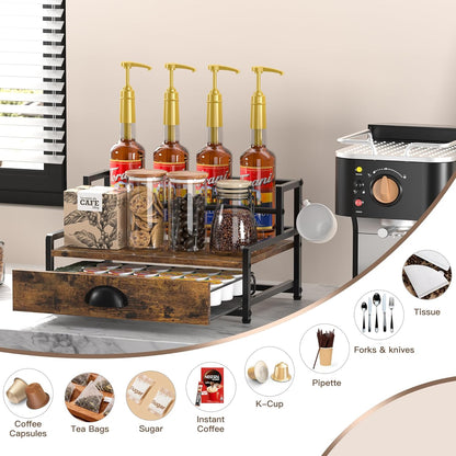 Coffee Syrup Rack Organizer, Syrup Bottle Holder Stand for Coffee Bar, 2-Tier 8 Bottles Storage Shelves for Syrup, Wine, Dressing for Kitchen Countertop, Rustic Brown & Black