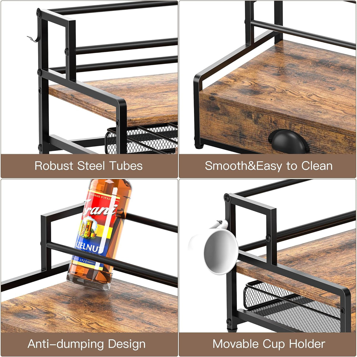 Coffee Syrup Rack Organizer, Syrup Bottle Holder Stand for Coffee Bar, 2-Tier 8 Bottles Storage Shelves for Syrup, Wine, Dressing for Kitchen Countertop, Rustic Brown & Black