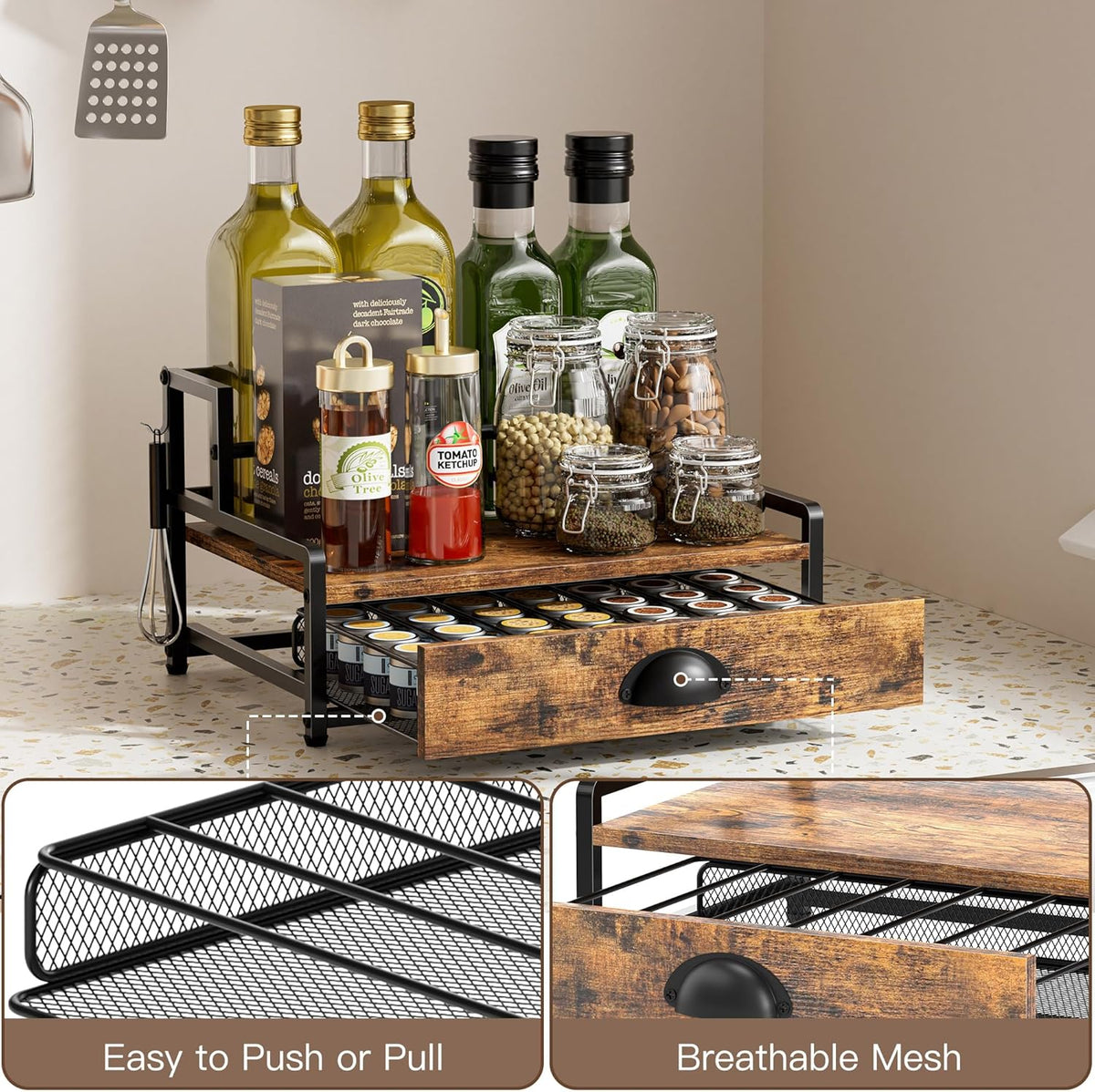 Coffee Syrup Rack Organizer, Syrup Bottle Holder Stand for Coffee Bar, 2-Tier 8 Bottles Storage Shelves for Syrup, Wine, Dressing for Kitchen Countertop, Rustic Brown & Black