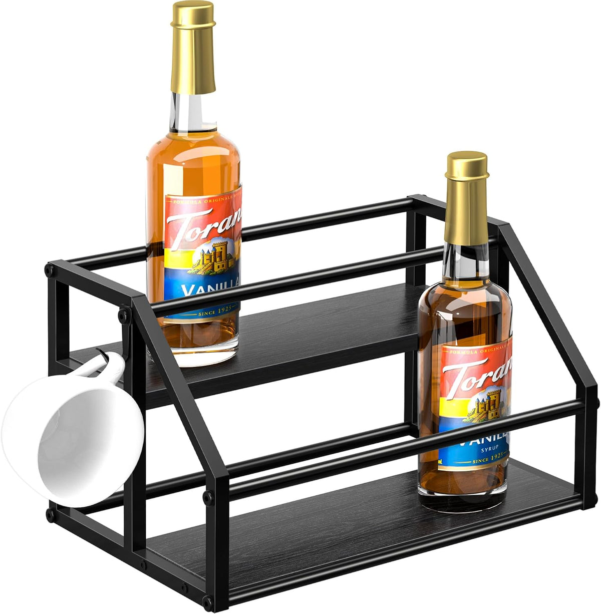 Coffee Syrup Rack Organizer, Syrup Bottle Holder Stand for Coffee Bar, 2-Tier 8 Bottles Storage Shelves for Syrup, Wine, Dressing for Kitchen Countertop, Rustic Brown & Black