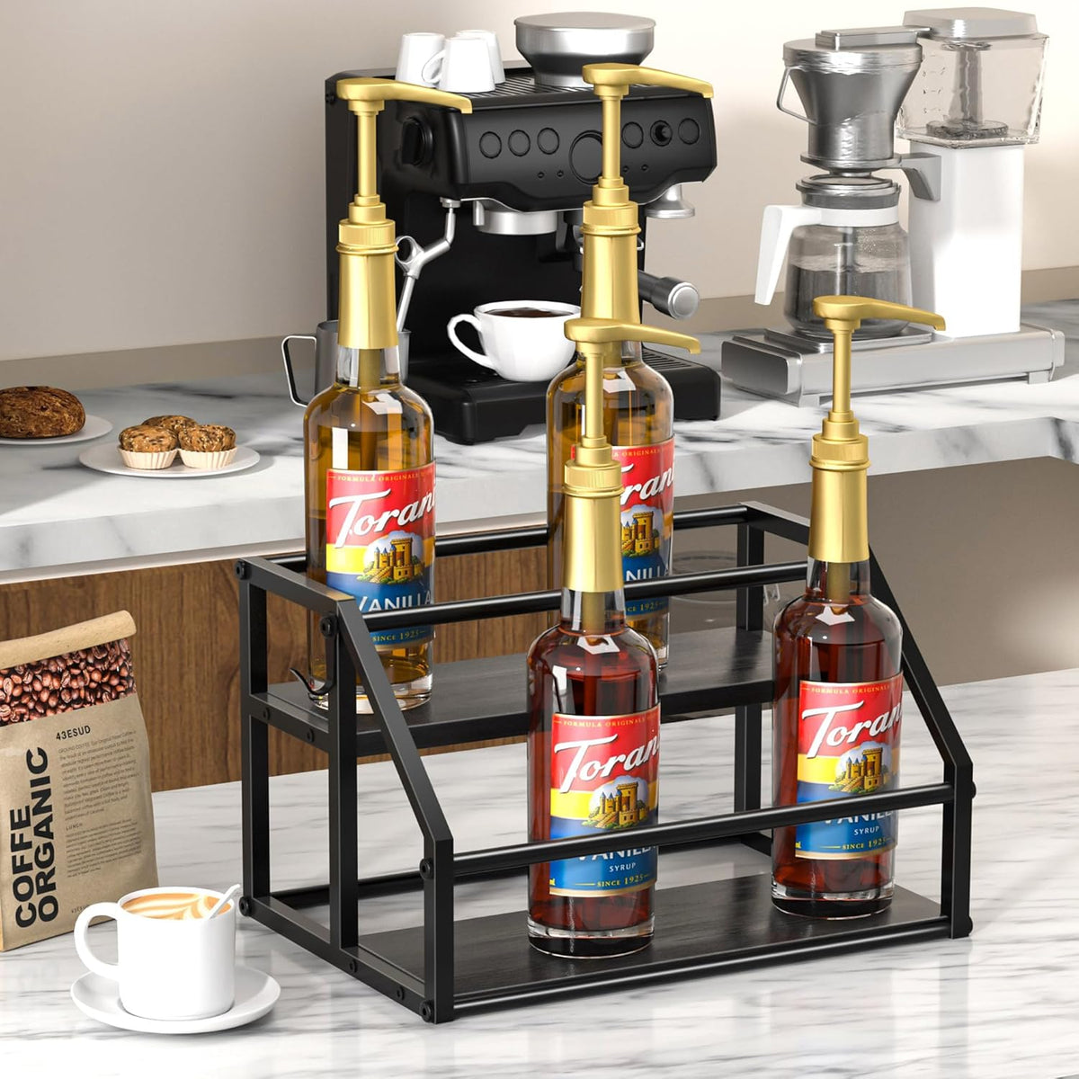 Coffee Syrup Rack Organizer, Syrup Bottle Holder Stand for Coffee Bar, 2-Tier 8 Bottles Storage Shelves for Syrup, Wine, Dressing for Kitchen Countertop, Rustic Brown & Black