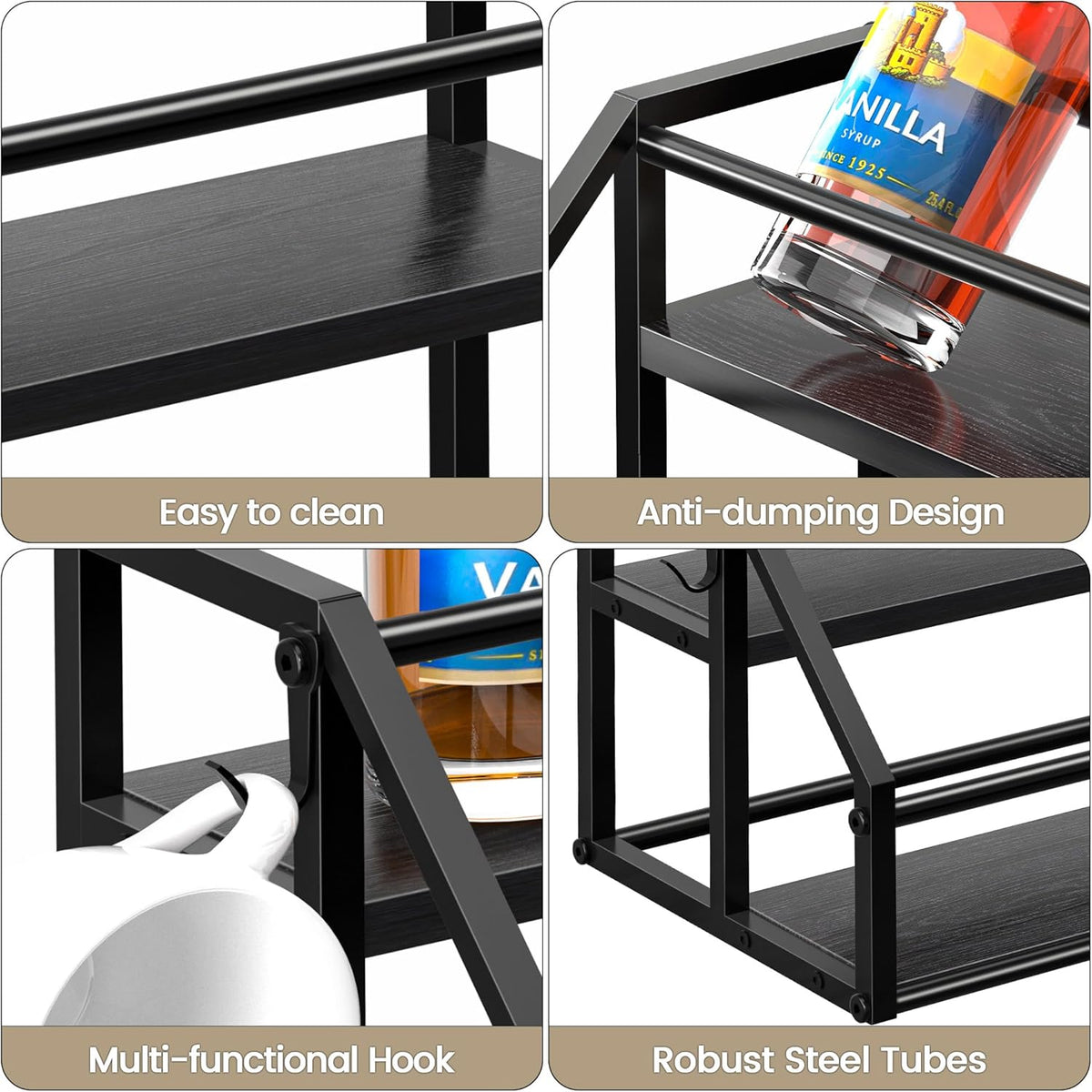 Coffee Syrup Rack Organizer, Syrup Bottle Holder Stand for Coffee Bar, 2-Tier 8 Bottles Storage Shelves for Syrup, Wine, Dressing for Kitchen Countertop, Rustic Brown & Black