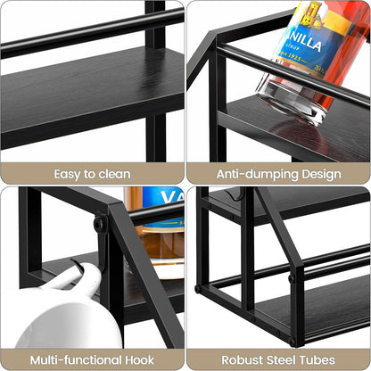 Coffee Syrup Rack Organizer, Syrup Bottle Holder Stand for Coffee Bar, 2-Tier 8 Bottles Storage Shelves for Syrup, Wine, Dressing for Kitchen Countertop, Rustic Brown & Black