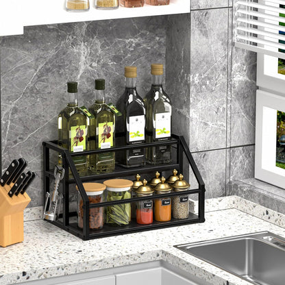 Coffee Syrup Rack Organizer, Syrup Bottle Holder Stand for Coffee Bar, 2-Tier 8 Bottles Storage Shelves for Syrup, Wine, Dressing for Kitchen Countertop, Rustic Brown & Black