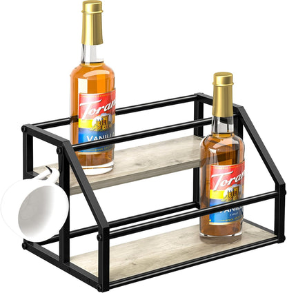 Coffee Syrup Rack Organizer, Syrup Bottle Holder Stand for Coffee Bar, 2-Tier 8 Bottles Storage Shelves for Syrup, Wine, Dressing for Kitchen Countertop, Rustic Brown & Black