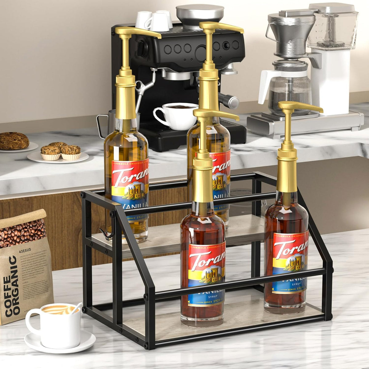 Coffee Syrup Rack Organizer, Syrup Bottle Holder Stand for Coffee Bar, 2-Tier 8 Bottles Storage Shelves for Syrup, Wine, Dressing for Kitchen Countertop, Rustic Brown & Black