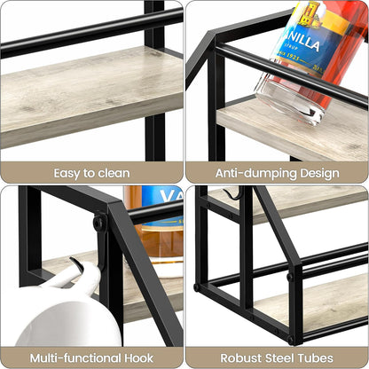 Coffee Syrup Rack Organizer, Syrup Bottle Holder Stand for Coffee Bar, 2-Tier 8 Bottles Storage Shelves for Syrup, Wine, Dressing for Kitchen Countertop, Rustic Brown & Black