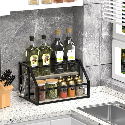 Coffee Syrup Rack Organizer, Syrup Bottle Holder Stand for Coffee Bar, 2-Tier 8 Bottles Storage Shelves for Syrup, Wine, Dressing for Kitchen Countertop, Rustic Brown & Black