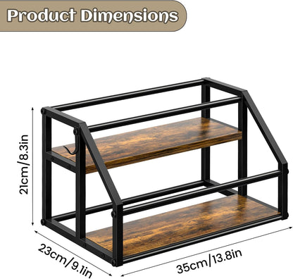Coffee Syrup Rack Organizer, Syrup Bottle Holder Stand for Coffee Bar, 2-Tier 8 Bottles Storage Shelves for Syrup, Wine, Dressing for Kitchen Countertop, Rustic Brown & Black