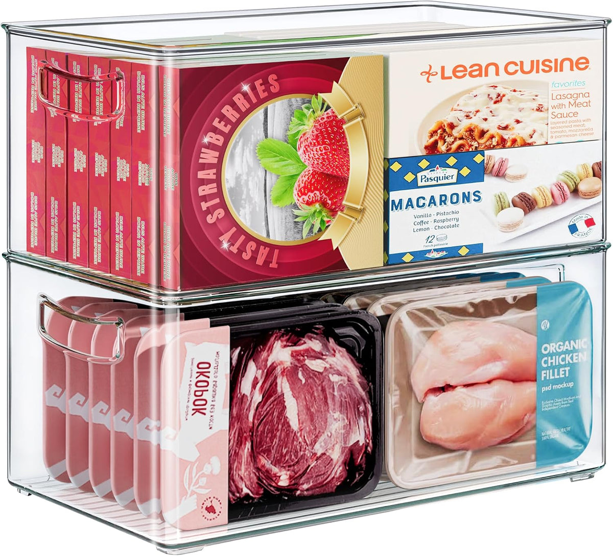 Freezer Organizer Bins Fridge Organizers and Storage Stackable Refrigerator Organizers Bins with Side Handles Clear Storage Bins for Pantry, Under Sink, Kitchen Cabinet