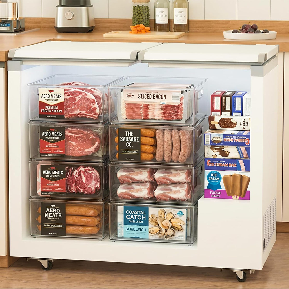 Freezer Organizer Bins Fridge Organizers and Storage Stackable Refrigerator Organizers Bins with Side Handles Clear Storage Bins for Pantry, Under Sink, Kitchen Cabinet