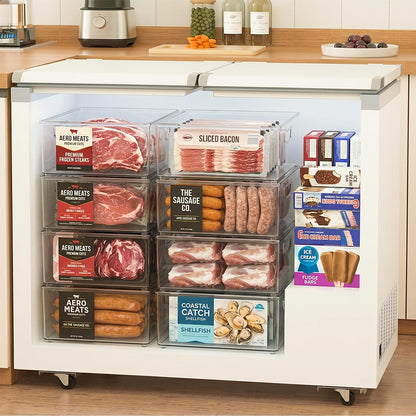 Freezer Organizer Bins Fridge Organizers and Storage Stackable Refrigerator Organizers Bins with Side Handles Clear Storage Bins for Pantry, Under Sink, Kitchen Cabinet
