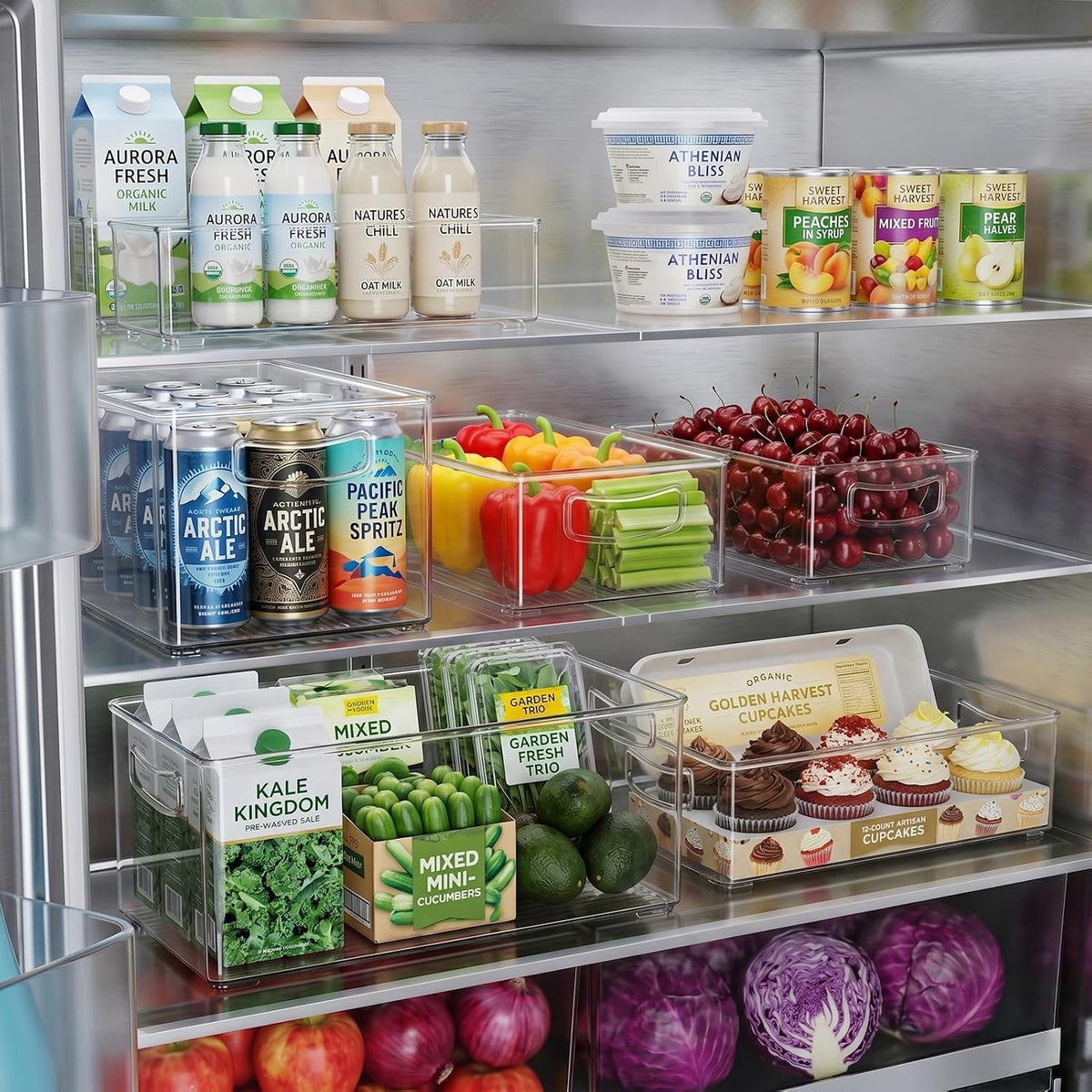 Freezer Organizer Bins Fridge Organizers and Storage Stackable Refrigerator Organizers Bins with Side Handles Clear Storage Bins for Pantry, Under Sink, Kitchen Cabinet