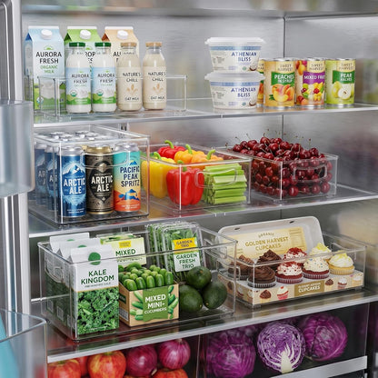 Freezer Organizer Bins Fridge Organizers and Storage Stackable Refrigerator Organizers Bins with Side Handles Clear Storage Bins for Pantry, Under Sink, Kitchen Cabinet
