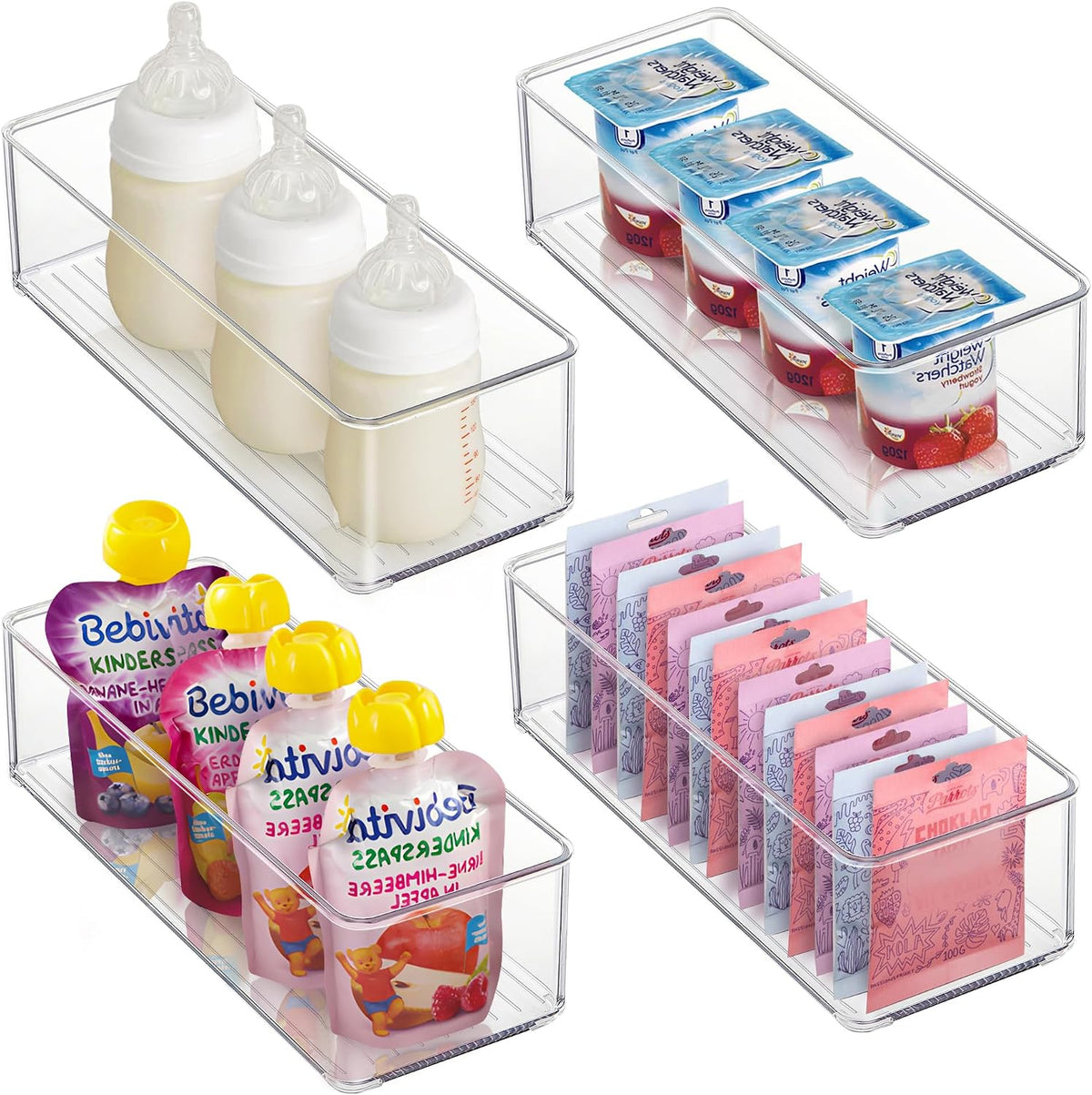 Freezer Organizer Bins Fridge Organizers and Storage Stackable Refrigerator Organizers Bins with Side Handles Clear Storage Bins for Pantry, Under Sink, Kitchen Cabinet