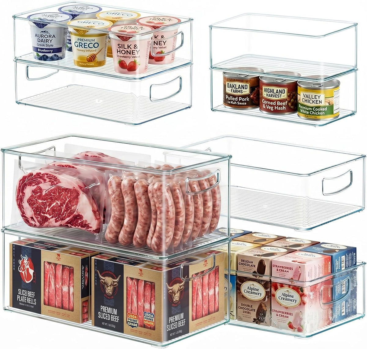Freezer Organizer Bins Fridge Organizers and Storage Stackable Refrigerator Organizers Bins with Side Handles Clear Storage Bins for Pantry, Under Sink, Kitchen Cabinet