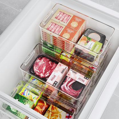 Freezer Organizer Bins Fridge Organizers and Storage Stackable Refrigerator Organizers Bins with Side Handles Clear Storage Bins for Pantry, Under Sink, Kitchen Cabinet