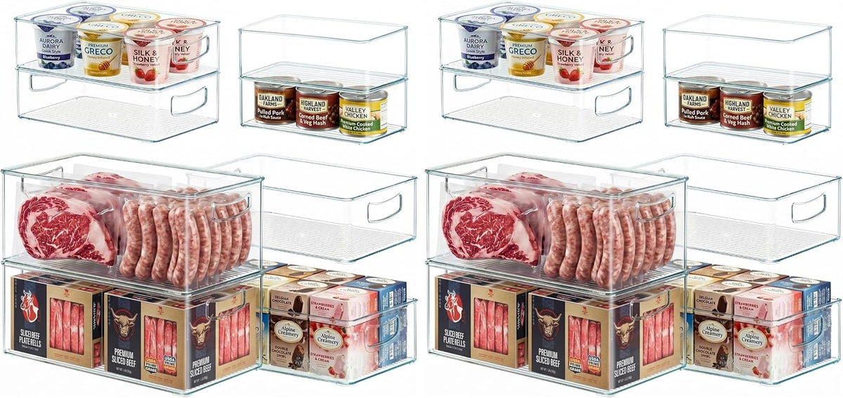 Freezer Organizer Bins Fridge Organizers and Storage Stackable Refrigerator Organizers Bins with Side Handles Clear Storage Bins for Pantry, Under Sink, Kitchen Cabinet