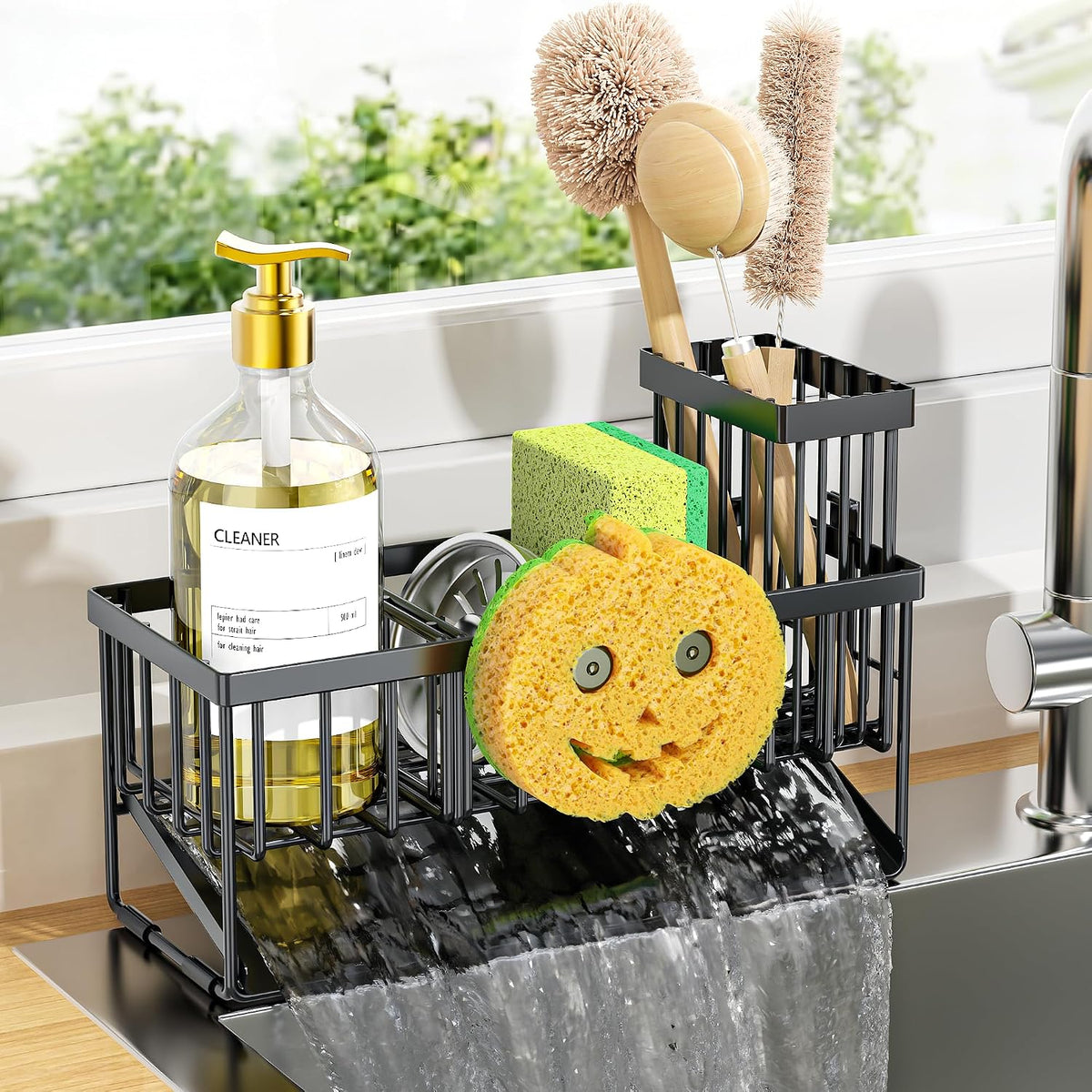 Cisily Sink Caddy Sponge Holder for Kitchen with Brush Holder and Stainless Steel Self Drain Tray, Rustproof Kitchen Sink Organizer for Sponge, Soap Dispenser Storage Accessories