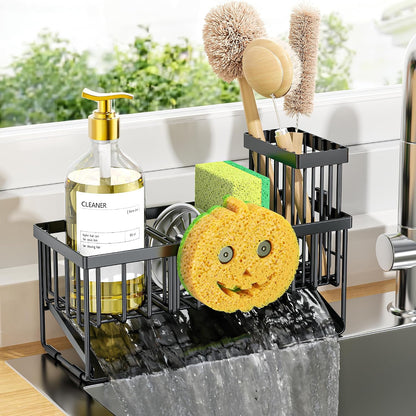 Cisily Sink Caddy Sponge Holder for Kitchen with Brush Holder and Stainless Steel Self Drain Tray, Rustproof Kitchen Sink Organizer for Sponge, Soap Dispenser Storage Accessories