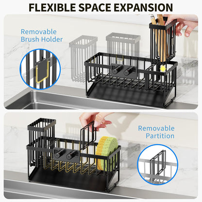 Cisily Sink Caddy Sponge Holder for Kitchen with Brush Holder and Stainless Steel Self Drain Tray, Rustproof Kitchen Sink Organizer for Sponge, Soap Dispenser Storage Accessories