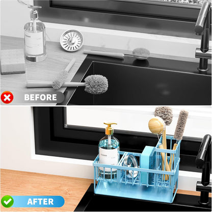 Cisily Sink Caddy Sponge Holder for Kitchen with Brush Holder and Stainless Steel Self Drain Tray, Rustproof Kitchen Sink Organizer for Sponge, Soap Dispenser Storage Accessories