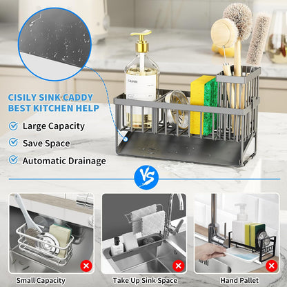 Cisily Sink Caddy Sponge Holder for Kitchen with Brush Holder and Stainless Steel Self Drain Tray, Rustproof Kitchen Sink Organizer for Sponge, Soap Dispenser Storage Accessories