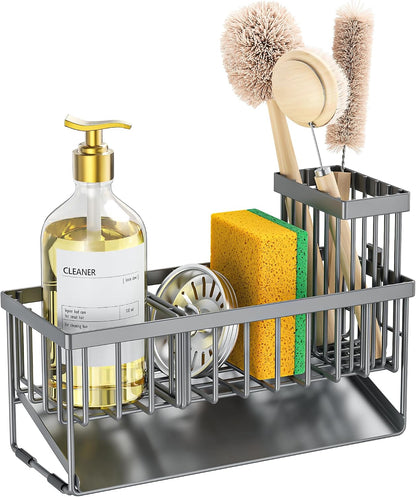 Cisily Sink Caddy Sponge Holder for Kitchen with Brush Holder and Stainless Steel Self Drain Tray, Rustproof Kitchen Sink Organizer for Sponge, Soap Dispenser Storage Accessories