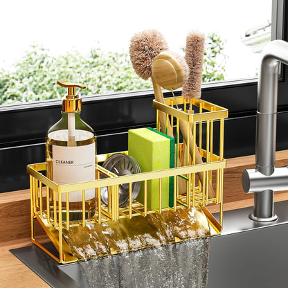 Cisily Sink Caddy Sponge Holder for Kitchen with Brush Holder and Stainless Steel Self Drain Tray, Rustproof Kitchen Sink Organizer for Sponge, Soap Dispenser Storage Accessories