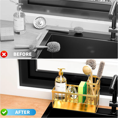 Cisily Sink Caddy Sponge Holder for Kitchen with Brush Holder and Stainless Steel Self Drain Tray, Rustproof Kitchen Sink Organizer for Sponge, Soap Dispenser Storage Accessories