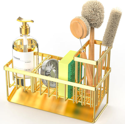 Cisily Sink Caddy Sponge Holder for Kitchen with Brush Holder and Stainless Steel Self Drain Tray, Rustproof Kitchen Sink Organizer for Sponge, Soap Dispenser Storage Accessories