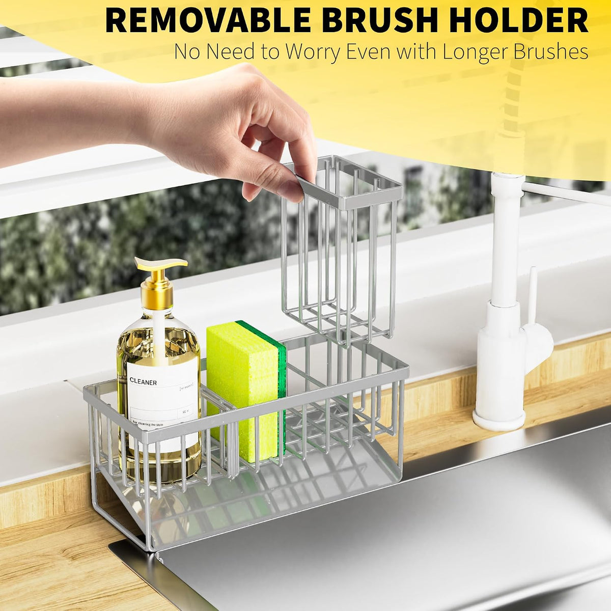 Cisily Sink Caddy Sponge Holder for Kitchen with Brush Holder and Stainless Steel Self Drain Tray, Rustproof Kitchen Sink Organizer for Sponge, Soap Dispenser Storage Accessories