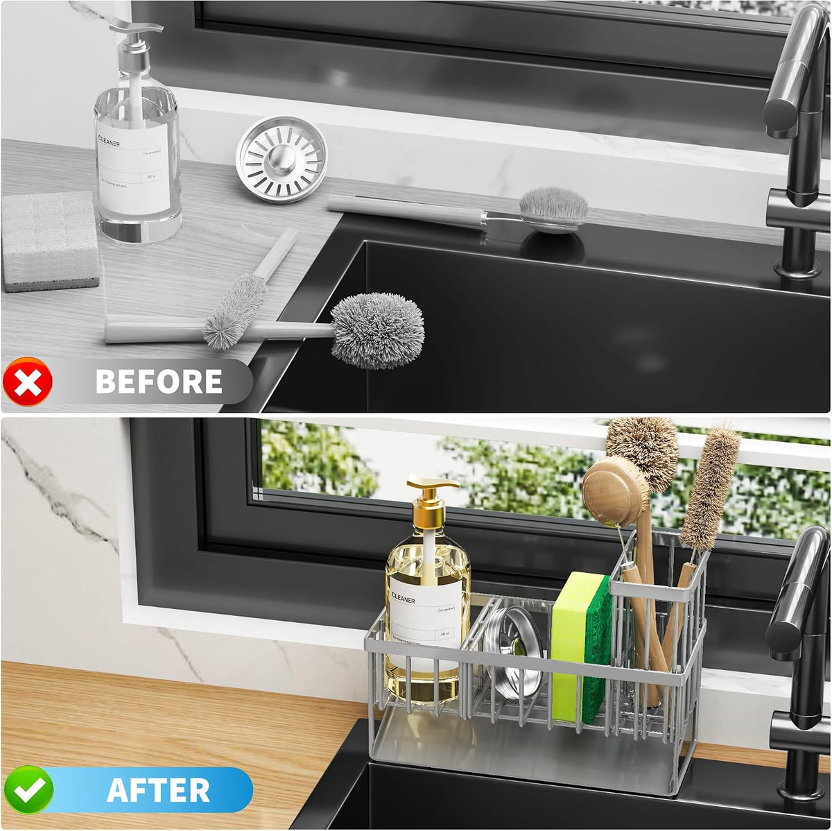 Cisily Sink Caddy Sponge Holder for Kitchen with Brush Holder and Stainless Steel Self Drain Tray, Rustproof Kitchen Sink Organizer for Sponge, Soap Dispenser Storage Accessories