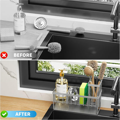 Cisily Sink Caddy Sponge Holder for Kitchen with Brush Holder and Stainless Steel Self Drain Tray, Rustproof Kitchen Sink Organizer for Sponge, Soap Dispenser Storage Accessories