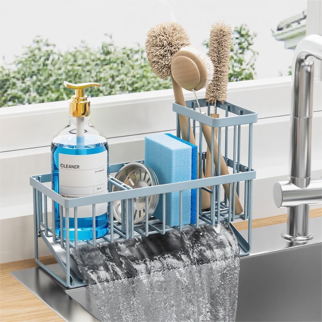 Cisily Sink Caddy Sponge Holder for Kitchen with Brush Holder and Stainless Steel Self Drain Tray, Rustproof Kitchen Sink Organizer for Sponge, Soap Dispenser Storage Accessories